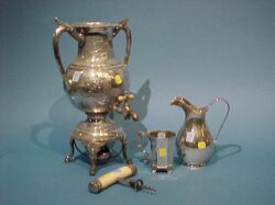 Sterling and Silver Plated Pitcher, Cup, Mounted Ivory Corkscrew and Coffee Urn. 